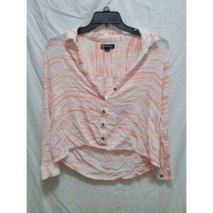 Indigo Poppy Pink‎ and White Striped Button Front Cropped Roll Tab Sleeve Top L